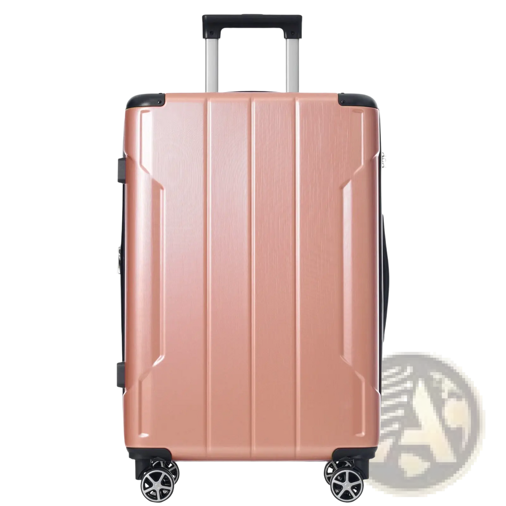 Rose gold 28 inch expandable hardshell spinner suitcase with black accents and four spinner wheels for easy mobility