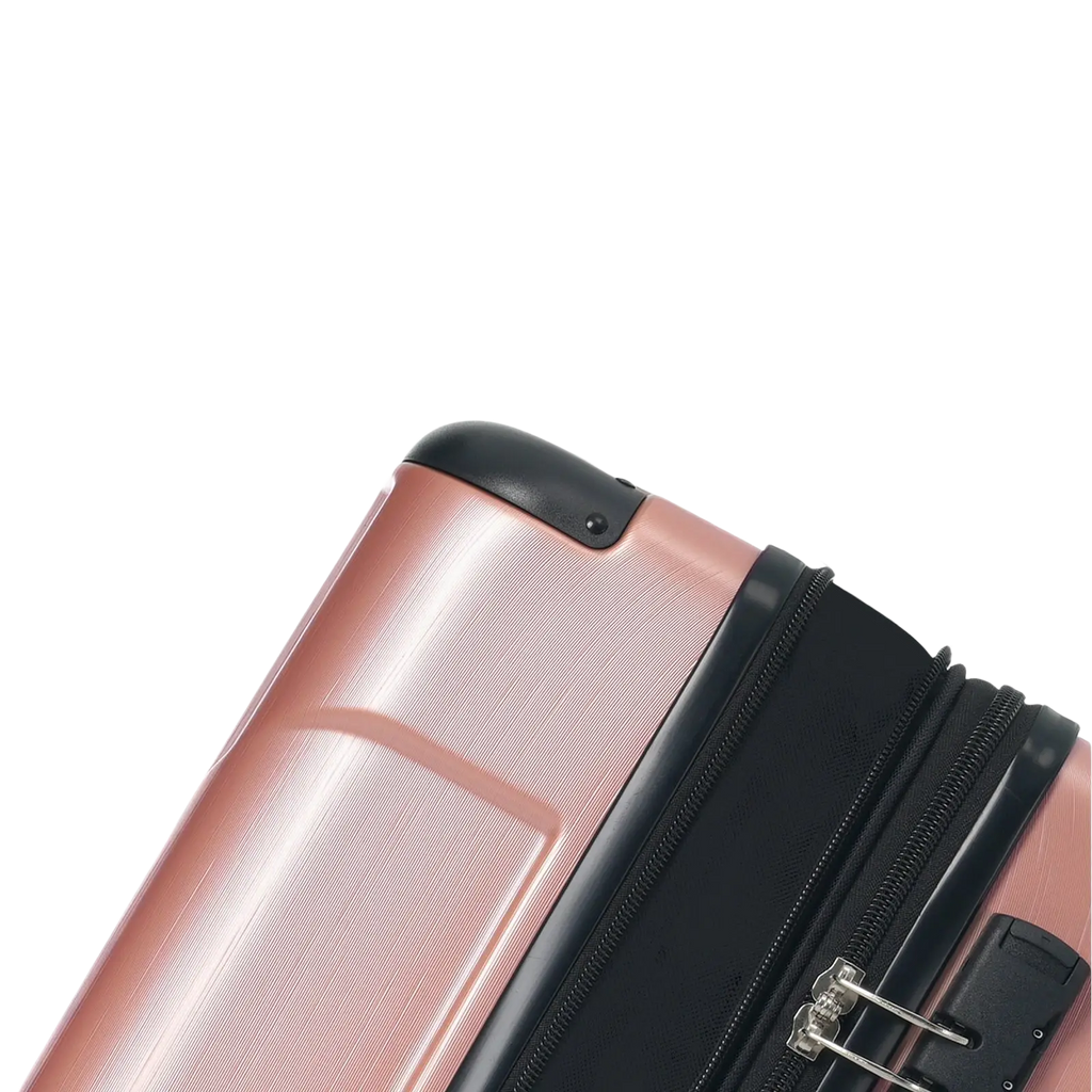 Rose gold 28 inch expandable hardshell spinner suitcase with black trim and zipper shown from the back side