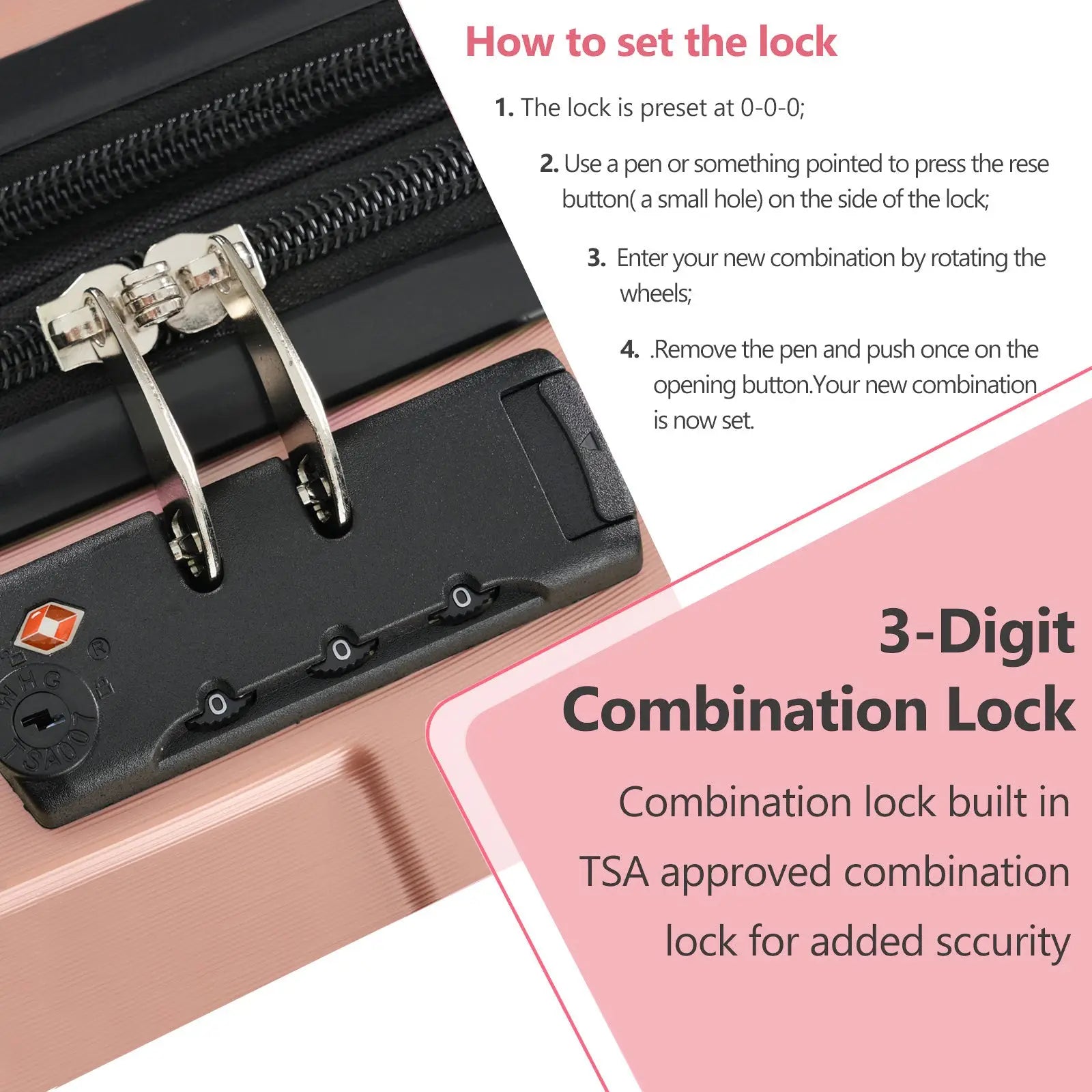 Rose gold 28 inch expandable hardshell spinner suitcase with black tsa approved 3 digit combination lock and silver dials