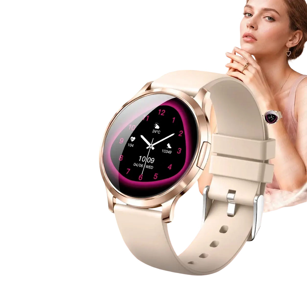 Rose gold amoled smartwatch with bluetooth calling featuring a sleek minimalist design and soft beige silicone strap