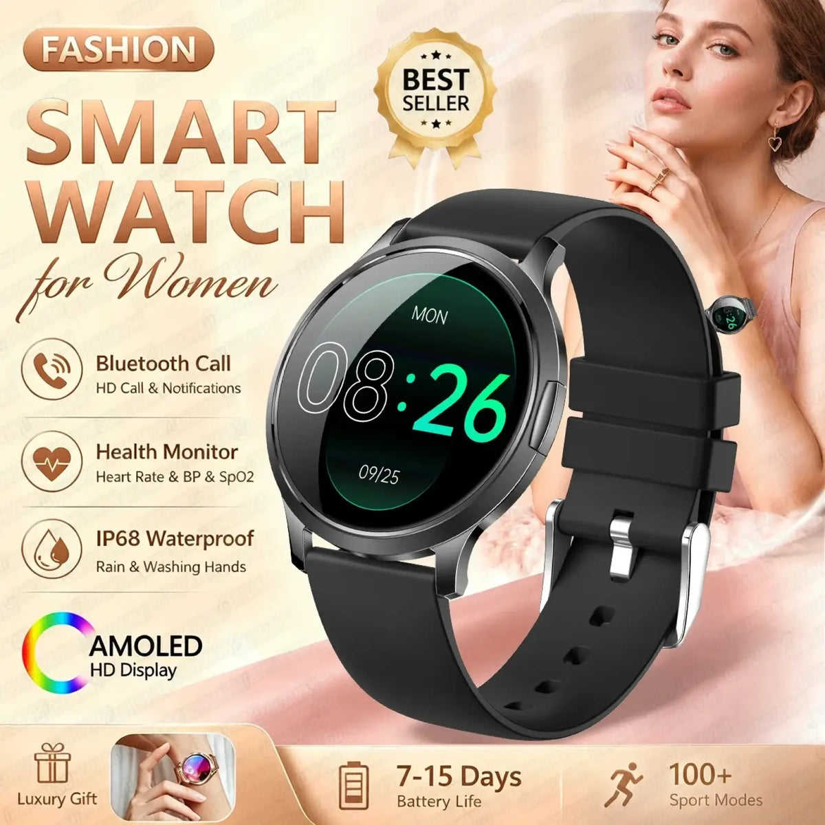Black smartwatch with sleek round amoled display and sporty silicone strap for bluetooth calling functionality