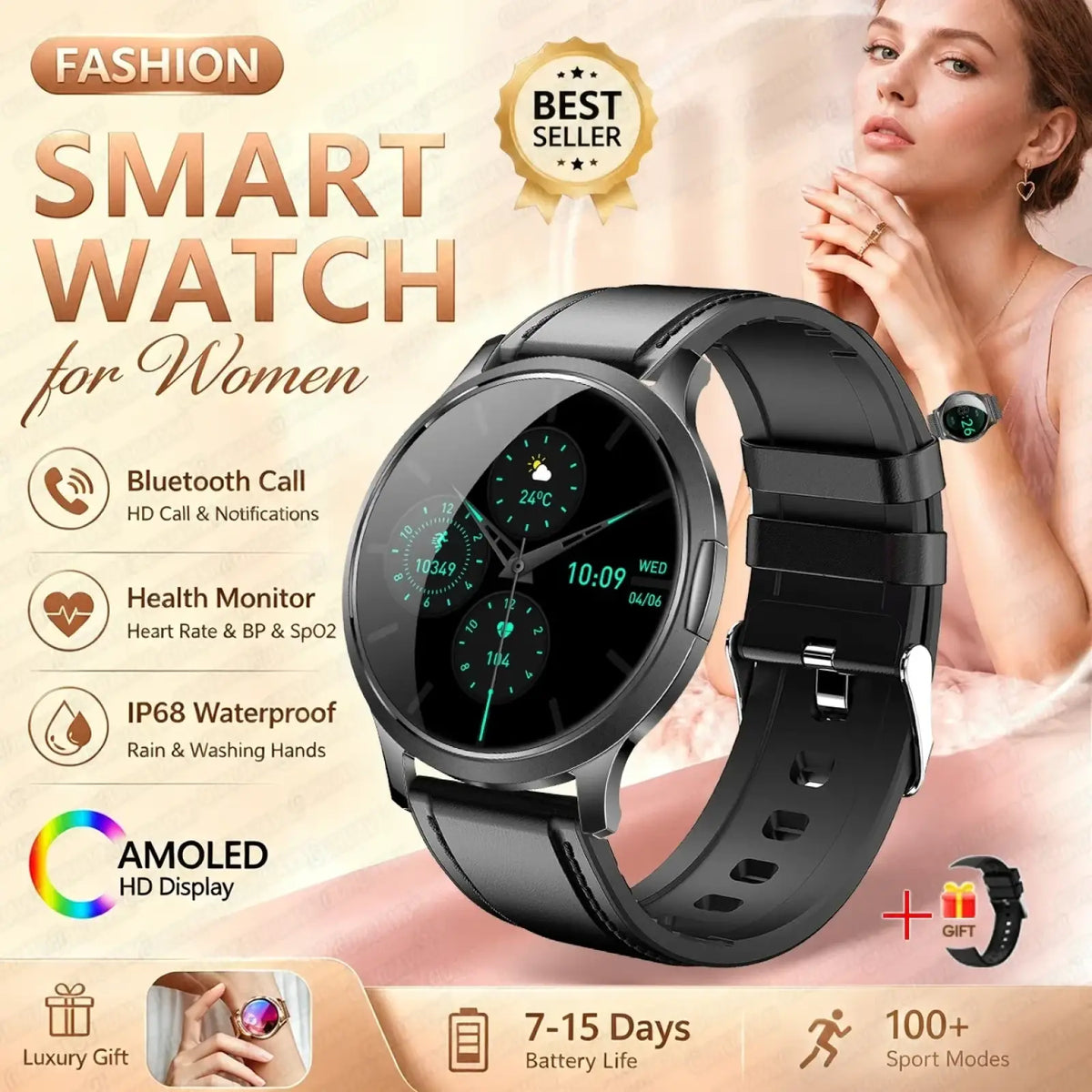 Black smartwatch with sleek round amoled hd display and black silicone strap for rose gold amoled smartwatch with bluetooth calling