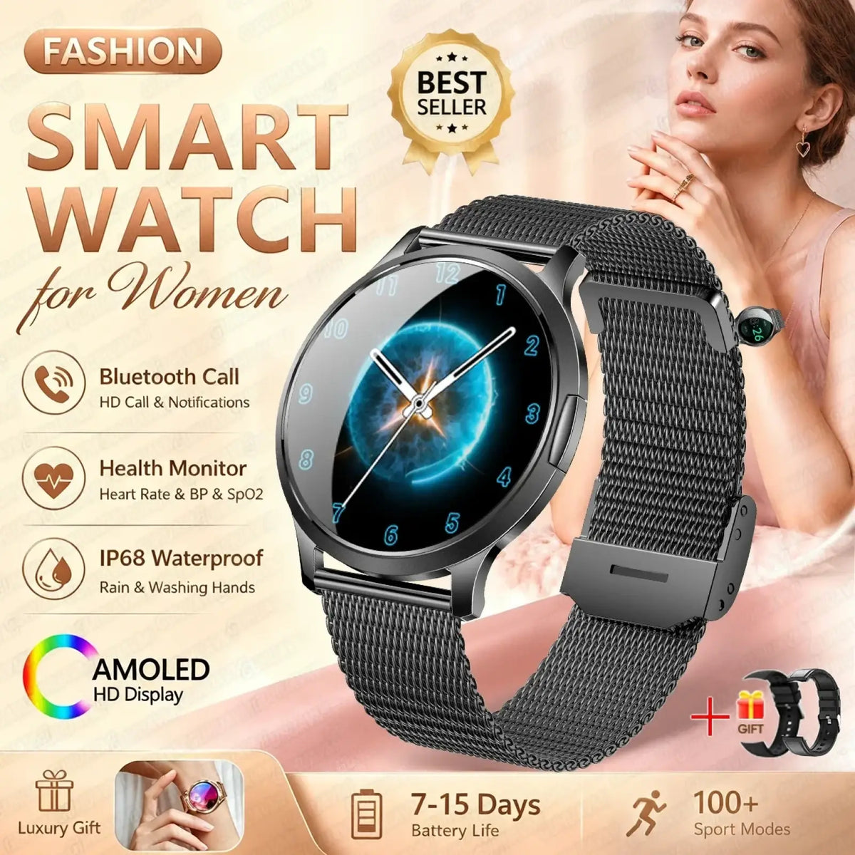 Black mesh metal band smartwatch with circular amoled display showing blue cosmic imagery for bluetooth calling