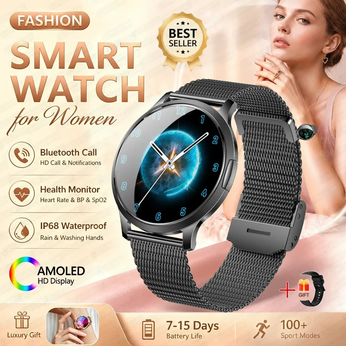 Rose gold amoled smartwatch with black mesh metal band and circular amoled display showing blue cosmic imagery