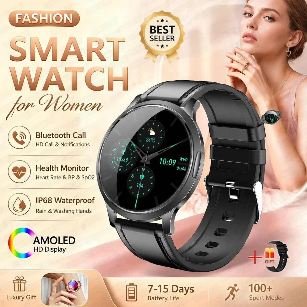 Black smartwatch with sleek round amoled hd display and black silicone strap for rose gold amoled smartwatch with bluetooth calling