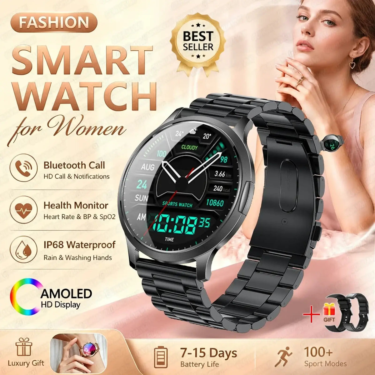 Black stainless steel smartwatch with sleek modern design and amoled hd display for rose gold amoled bluetooth calling