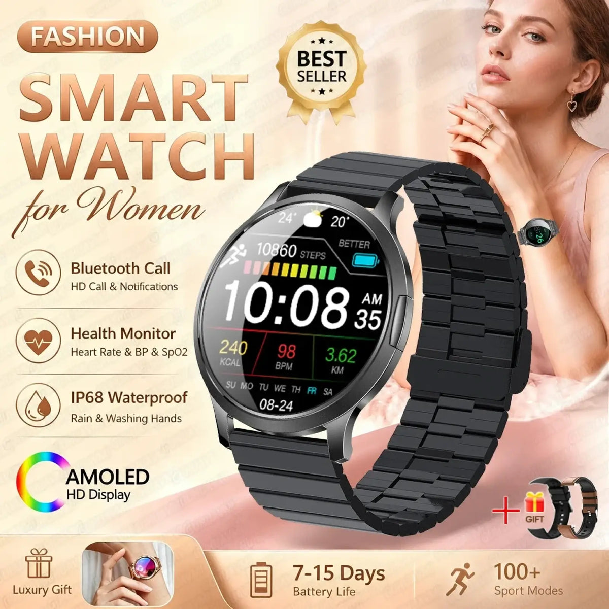 Black metallic link bracelet smartwatch with circular amoled hd display showing time steps and health metrics with bluetooth calling