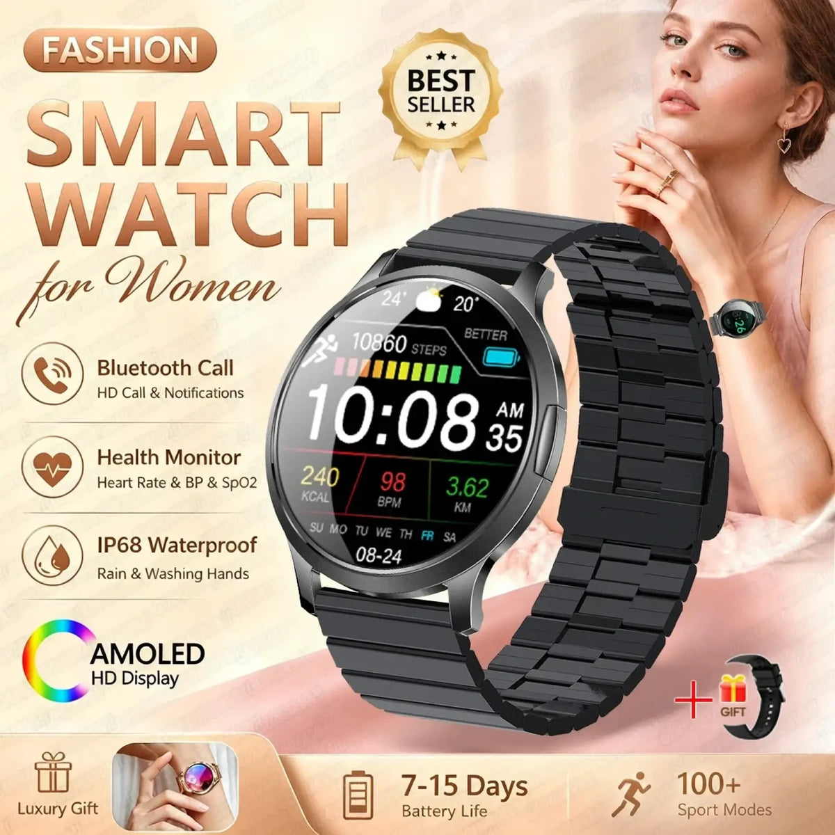 Black stainless steel smartwatch with circular amoled hd display showing time steps and health metrics for bluetooth calling