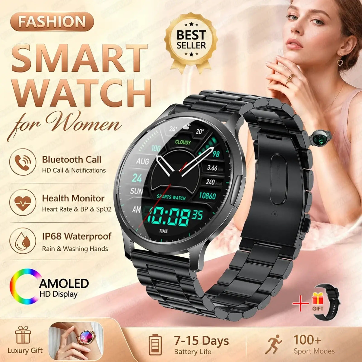 Black stainless steel link bracelet smartwatch with rose gold amoled display showing time date and health metrics