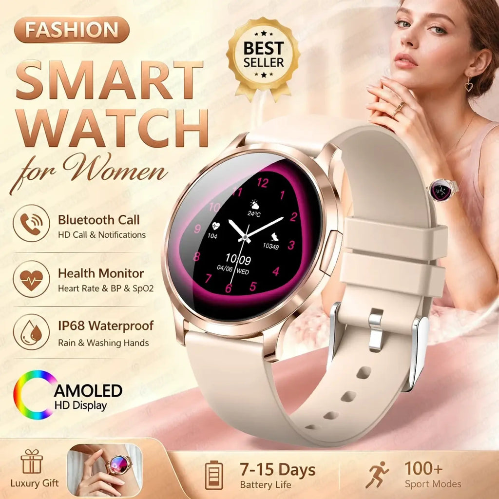 Rose gold amoled smartwatch with bluetooth calling featuring a sleek minimalist design and soft beige silicone strap