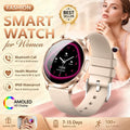 Rose gold amoled smartwatch with bluetooth calling featuring a sleek minimalist design and soft beige silicone strap