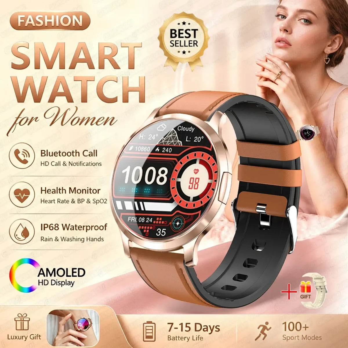 A stylish rose gold amoled smartwatch for women with dual-tone leather strap and health metrics display