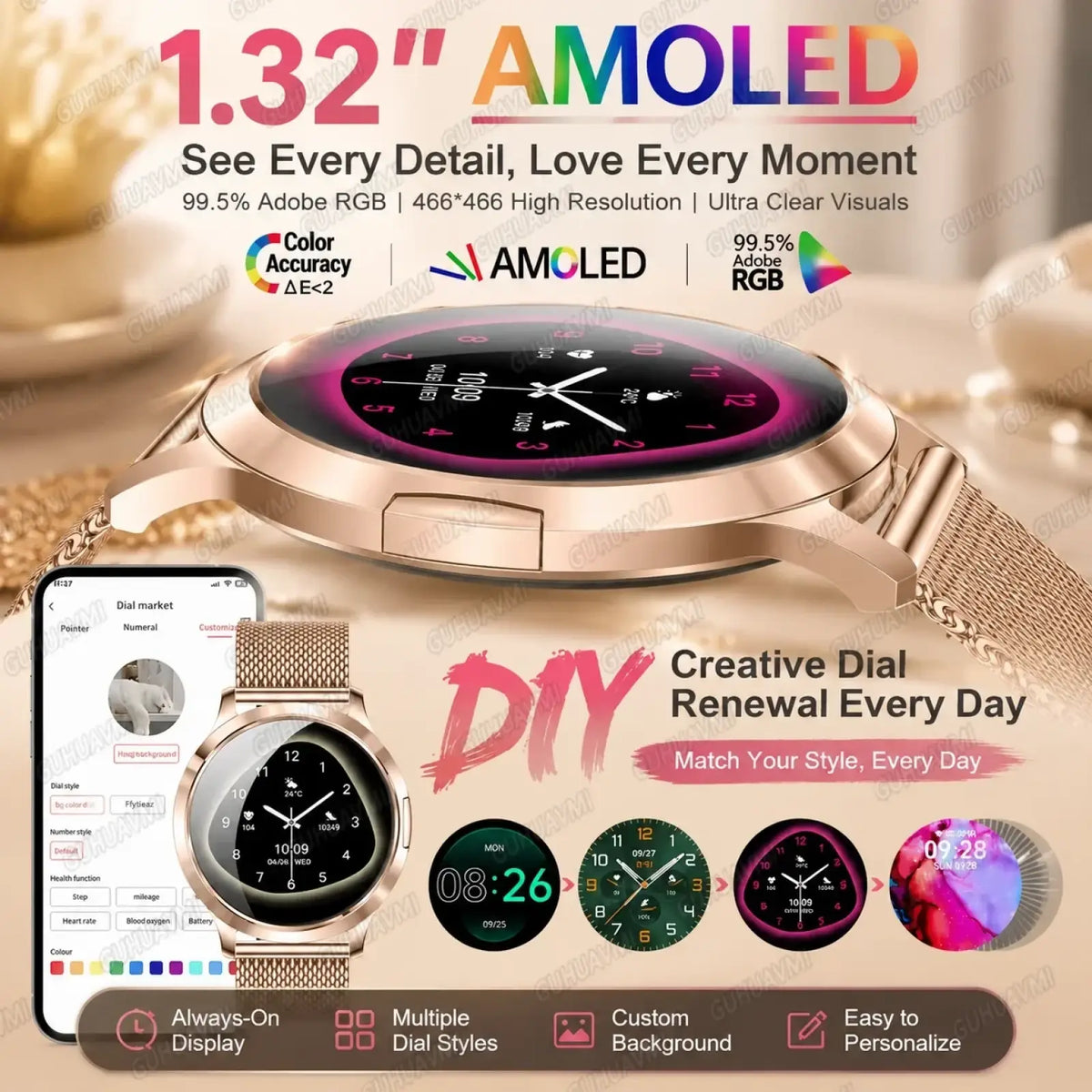 Rose gold AMOLED smartwatch with Bluetooth calling, mesh band, and customizable dial designs for personalized use