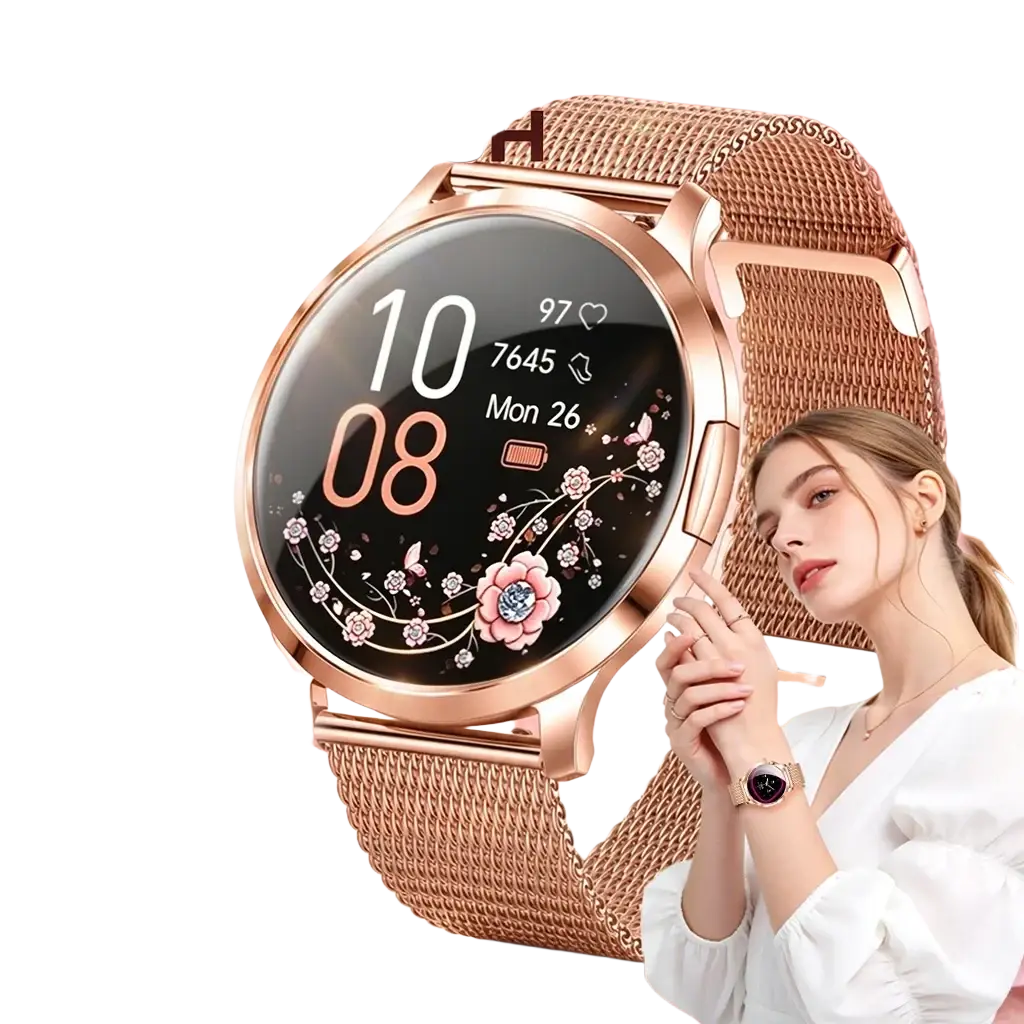 Rose gold amoled smartwatch with mesh band and black screen displaying floral designs and fitness metrics with Bluetooth calling
