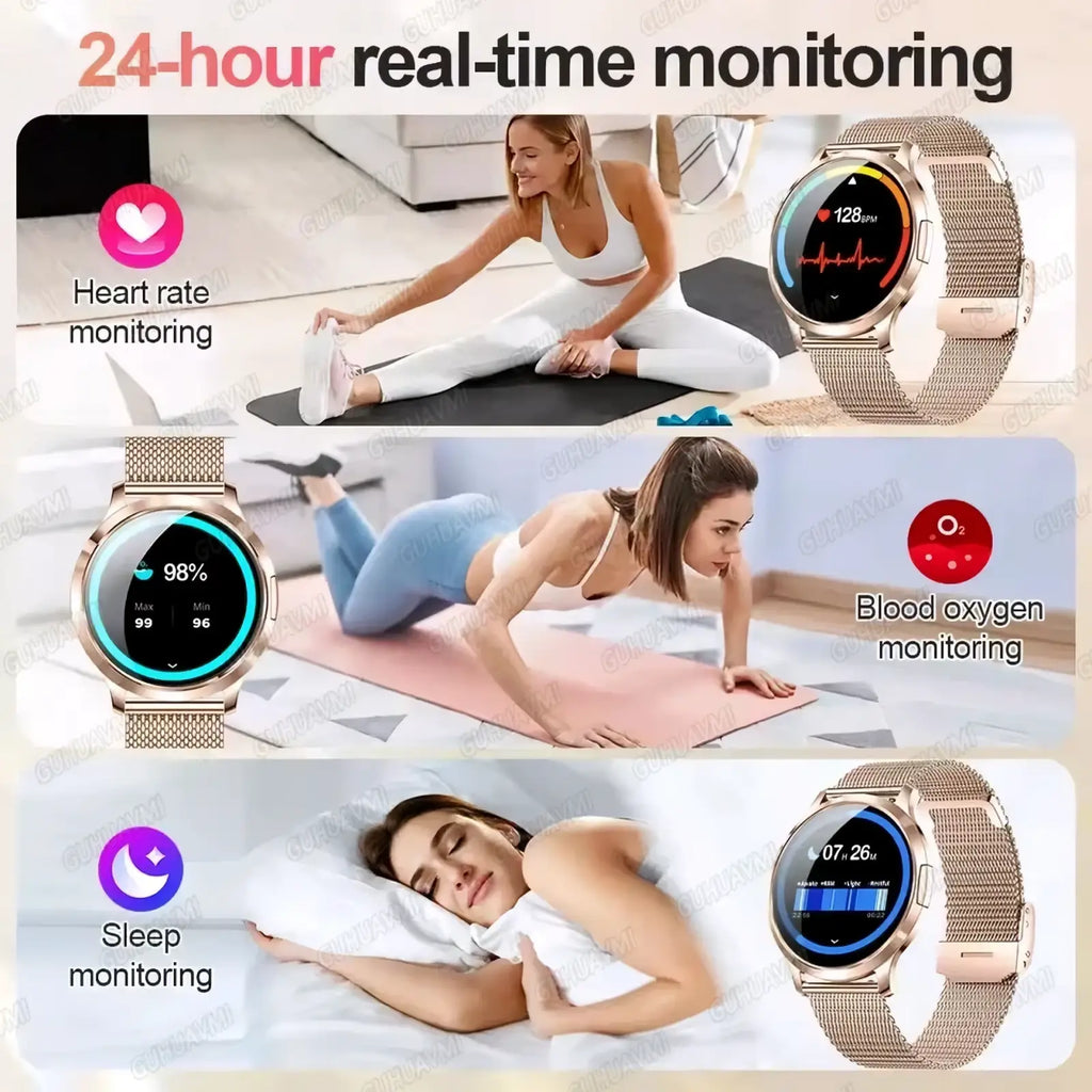 Rose gold amoled smartwatch with mesh band and circular touchscreen display showing health metrics and Bluetooth calling