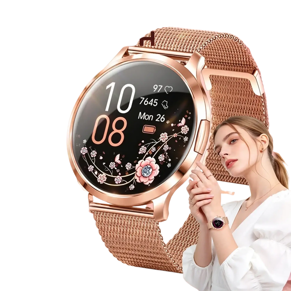 Rose gold amoled smartwatch with mesh band and black screen displaying floral designs and fitness metrics with Bluetooth calling