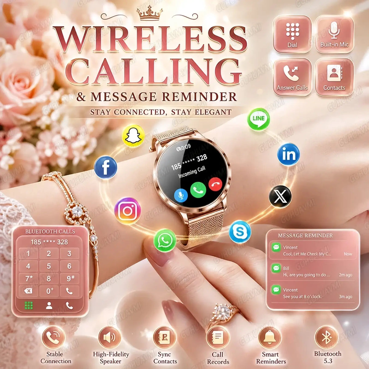 Rose gold AMOLED smartwatch with mesh band showing incoming call interface and bluetooth calling feature