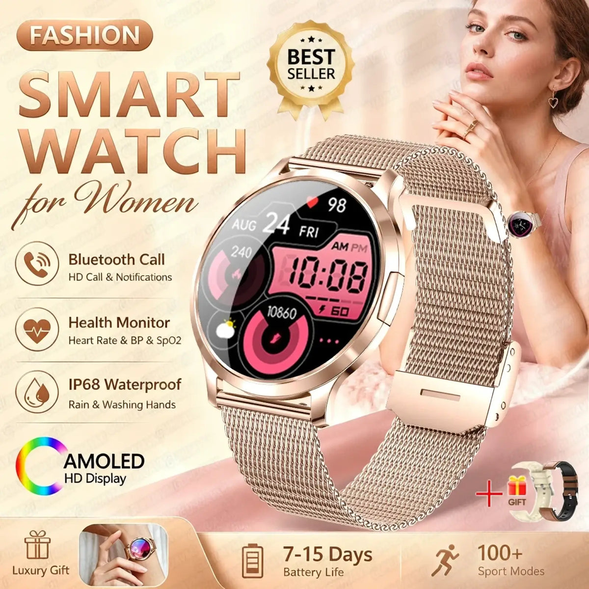 Rose gold amoled smartwatch with Bluetooth calling features a circular display and mesh metal band showing time and health data