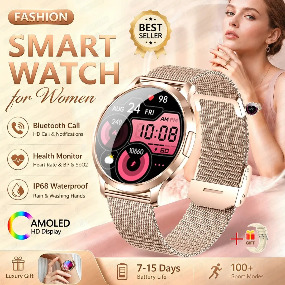 Rose gold amoled smartwatch with mesh band and circular display showing time date and health metrics with Bluetooth calling