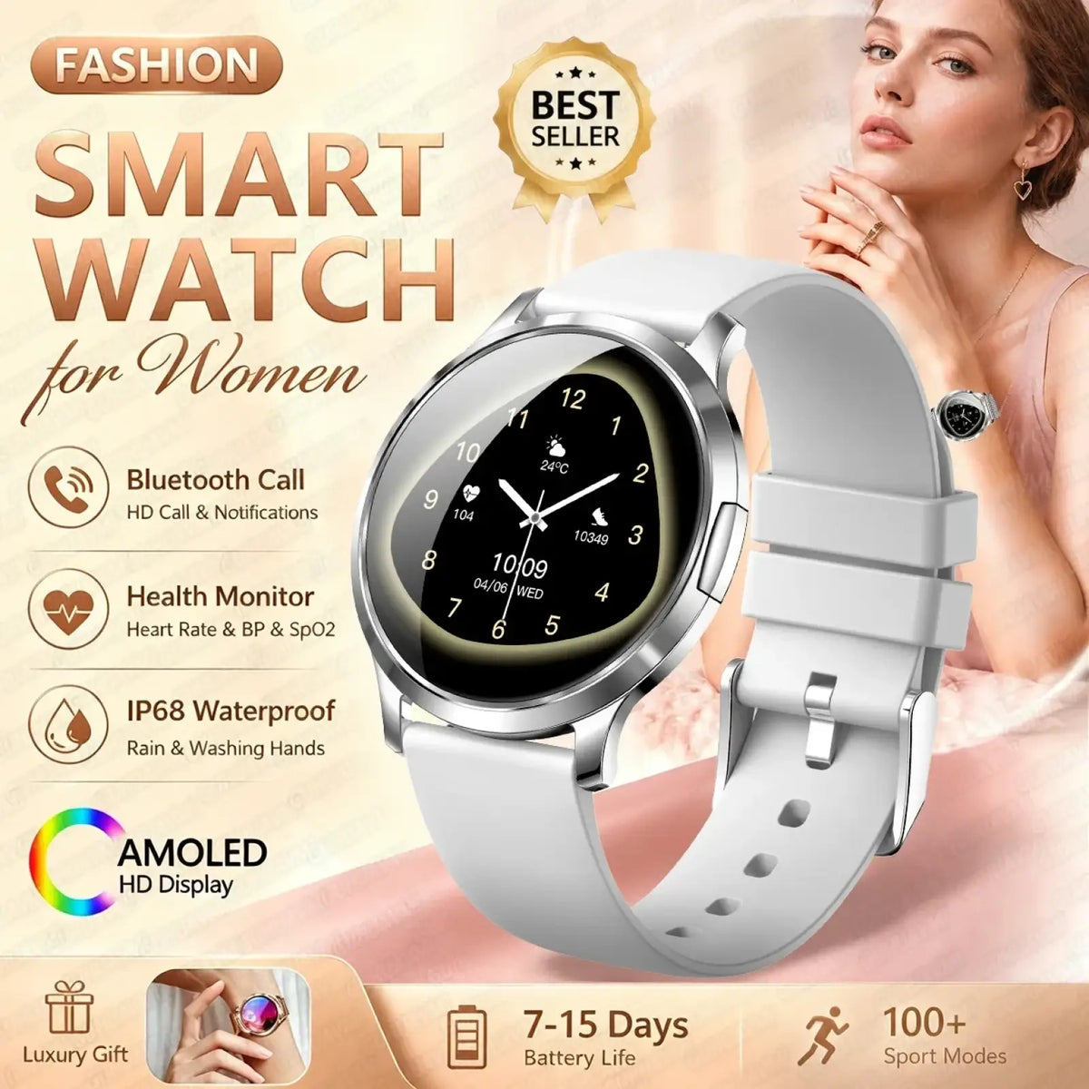 White silicone strap smartwatch with silver-toned case and amoled hd display in rose gold smartwatch with bluetooth calling