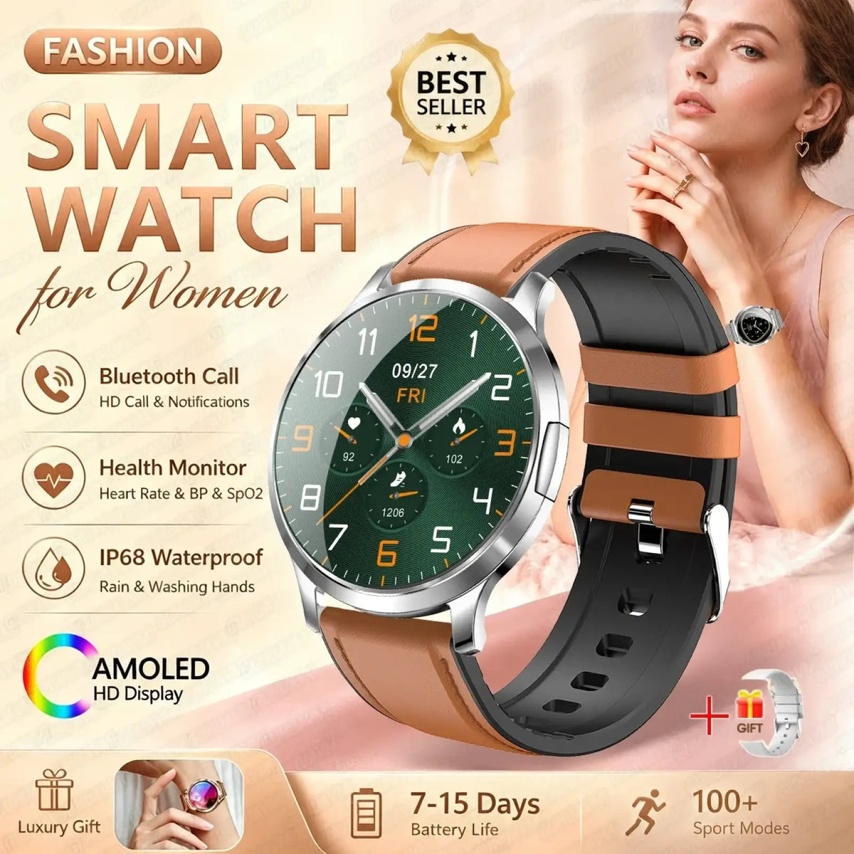 A sleek silver smartwatch with tan and black leather strap featuring amoled hd display and bluetooth calling