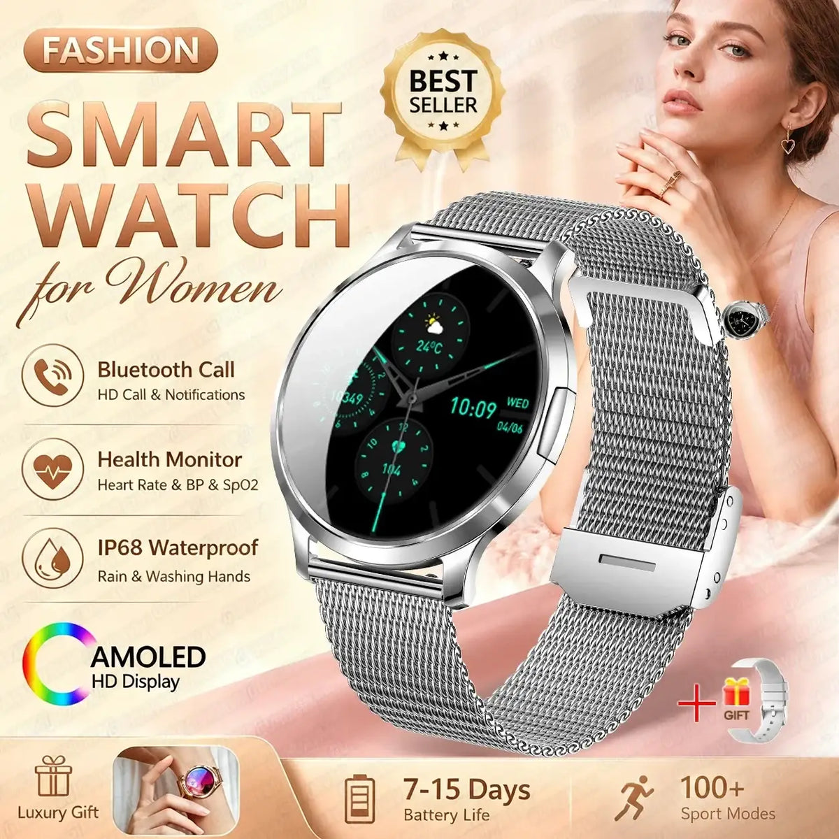 Silver mesh band rose gold amoled smartwatch with sleek modern design and hd display featuring bluetooth calling