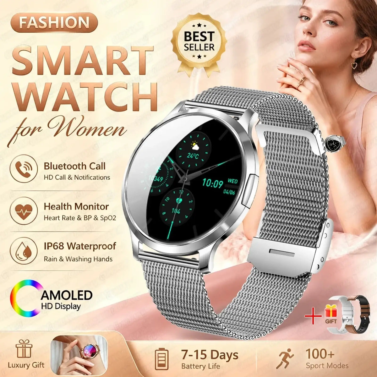 Silver mesh band rose gold amoled smartwatch with bluetooth calling and sleek modern design amoled hd display