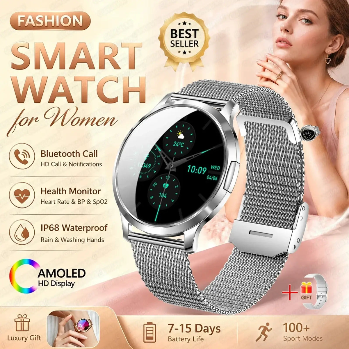 Silver mesh band rose gold amoled smartwatch with sleek modern design and hd display featuring bluetooth calling