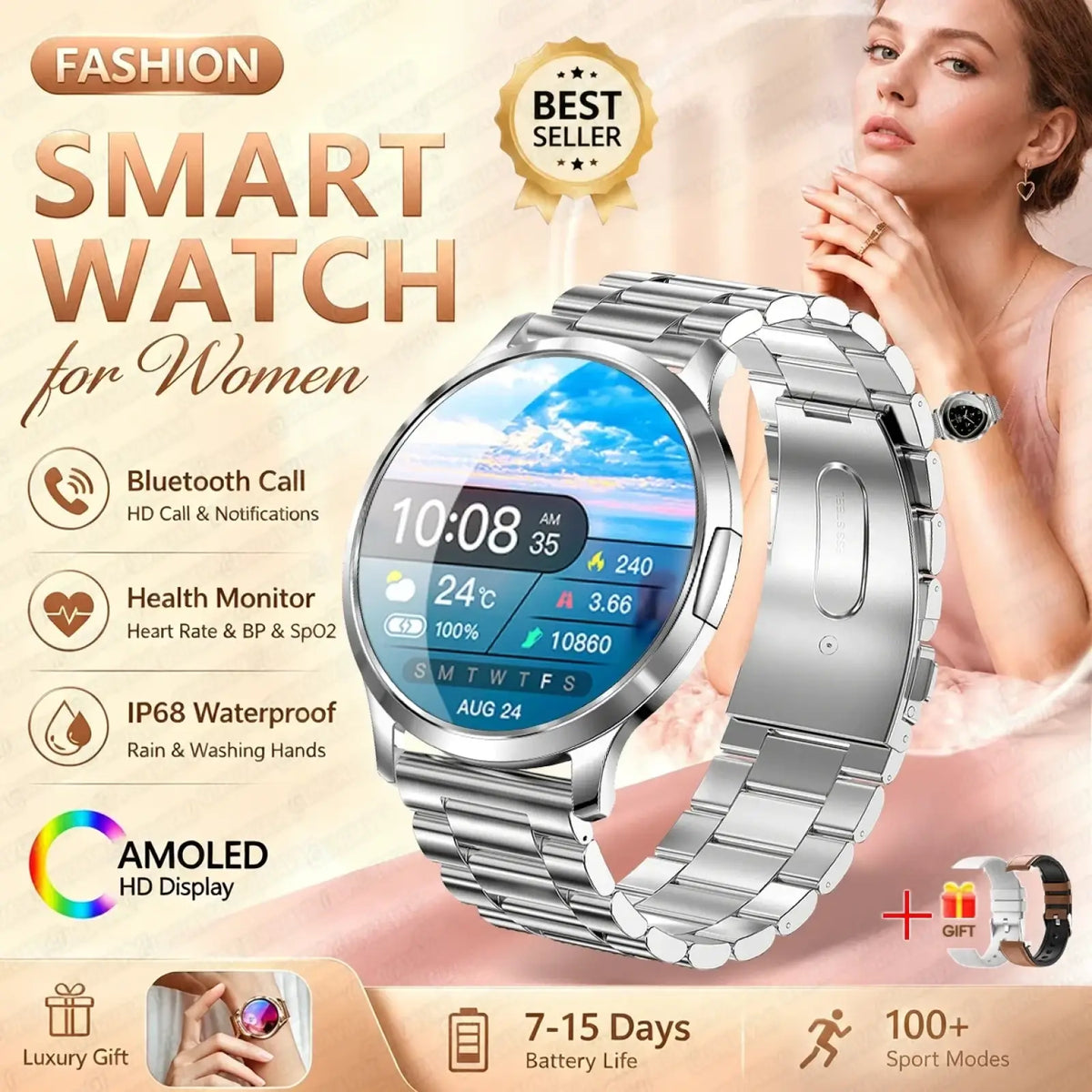 Silver-toned stainless steel smartwatch with circular amoled hd display showing weather and health metrics rose gold model