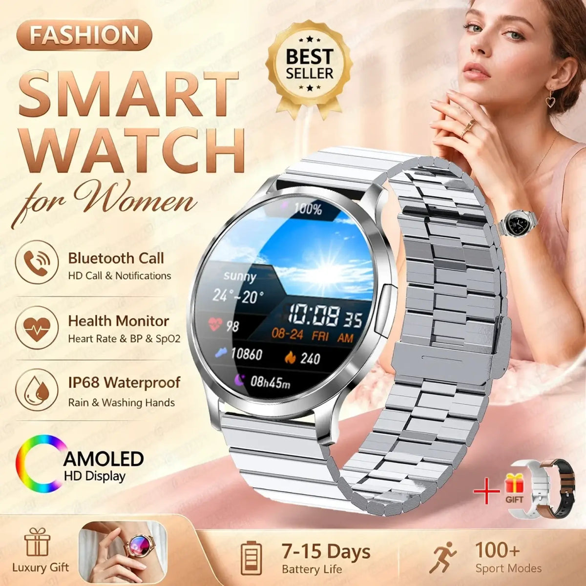 Silver-toned stainless steel smartwatch with amoled hd display showing weather and time in a rose gold amoled model with bluetooth calling