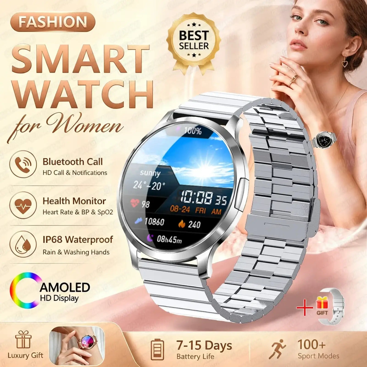Rose gold amoled smartwatch with silver stainless steel link bracelet and circular hd display showing time and weather
