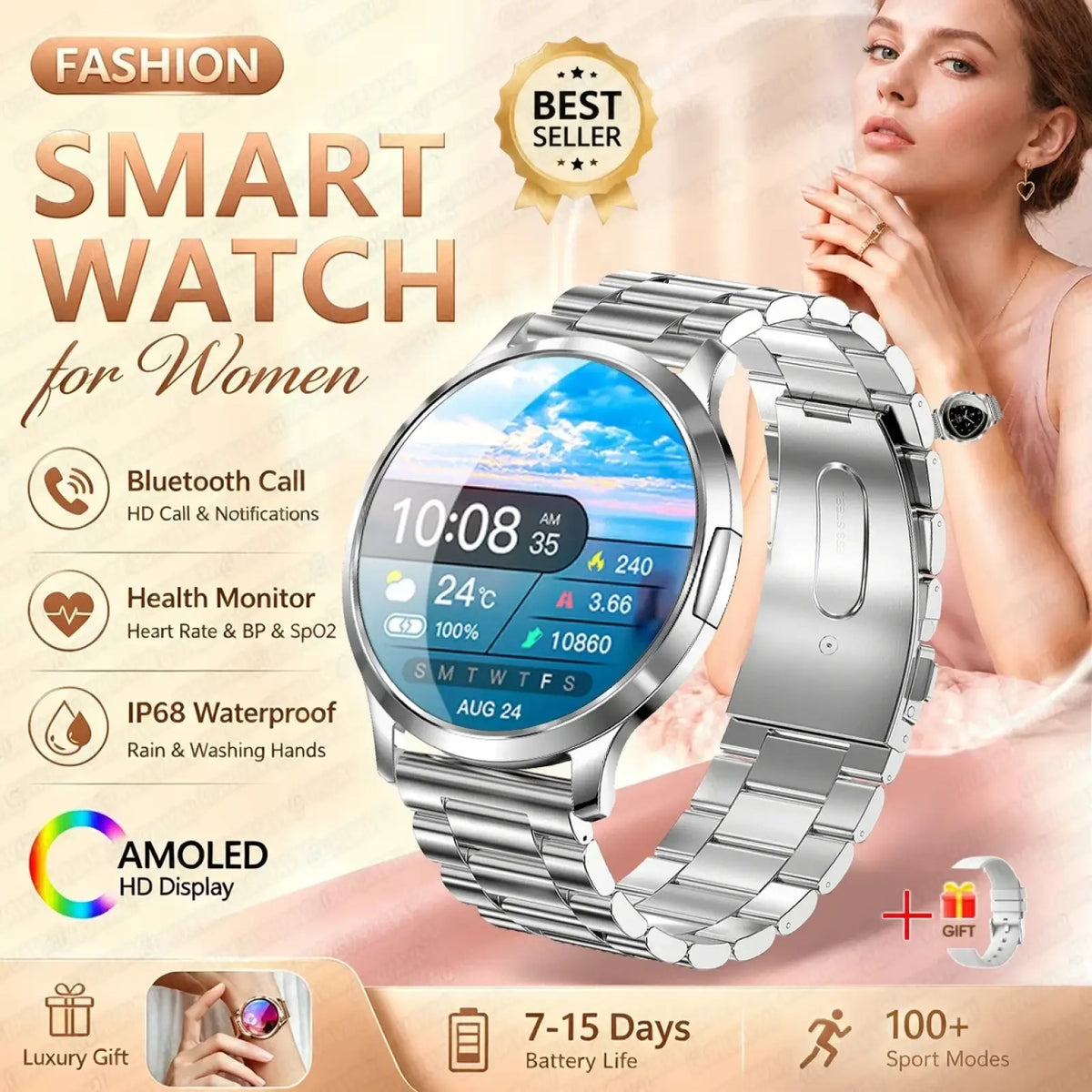Silver stainless steel link bracelet smartwatch with circular amoled hd display showing weather and health metrics in rose gold model