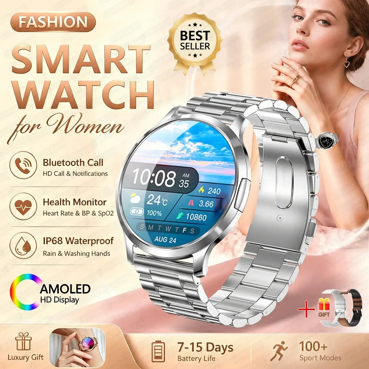 Silver-toned stainless steel smartwatch with circular amoled hd display showing weather and health metrics rose gold model