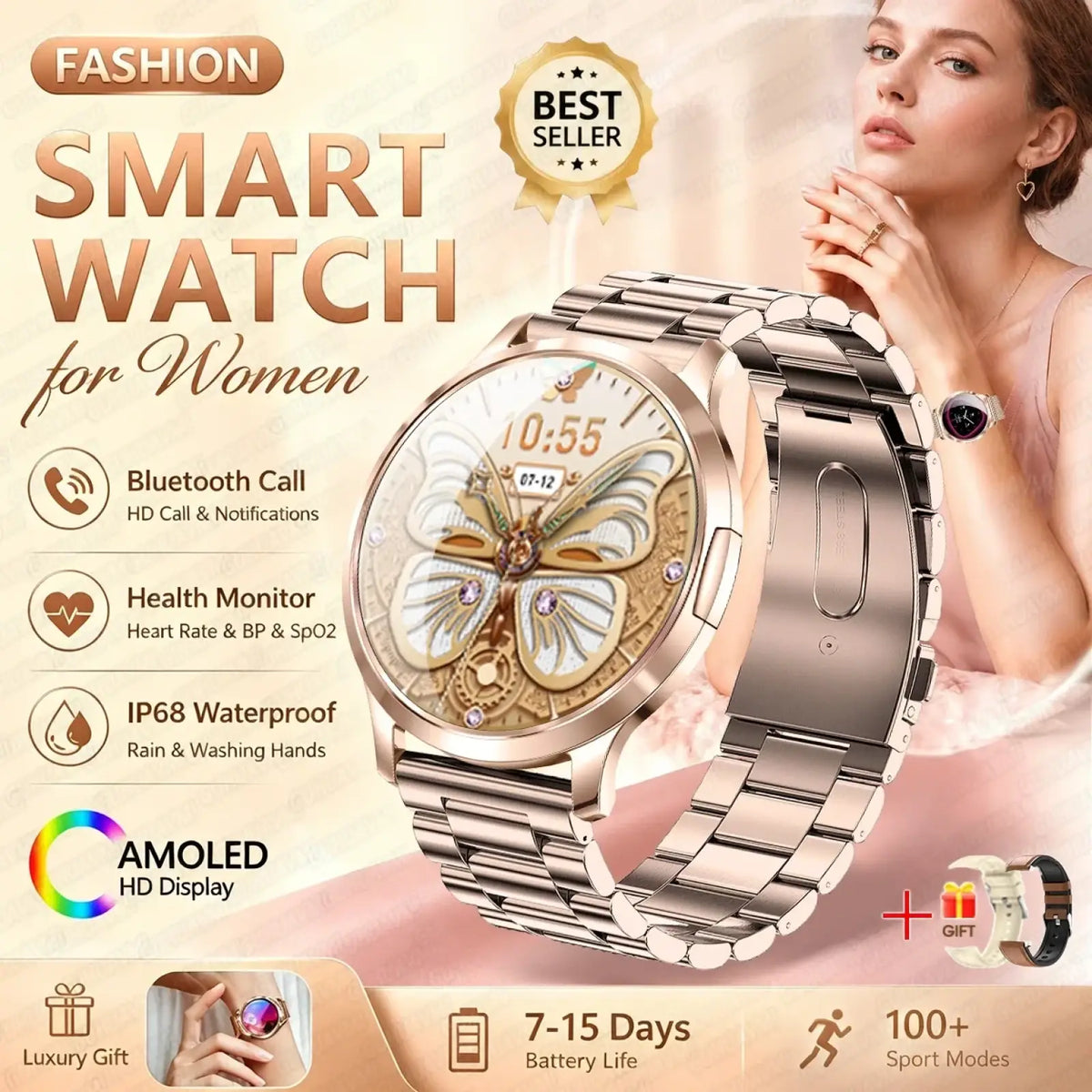Rose gold amoled smartwatch with butterfly display and stainless steel link bracelet featuring bluetooth calling