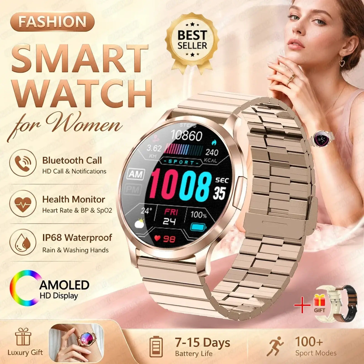 A sleek rose gold amoled smartwatch with bluetooth calling, round display, and stainless steel link band
