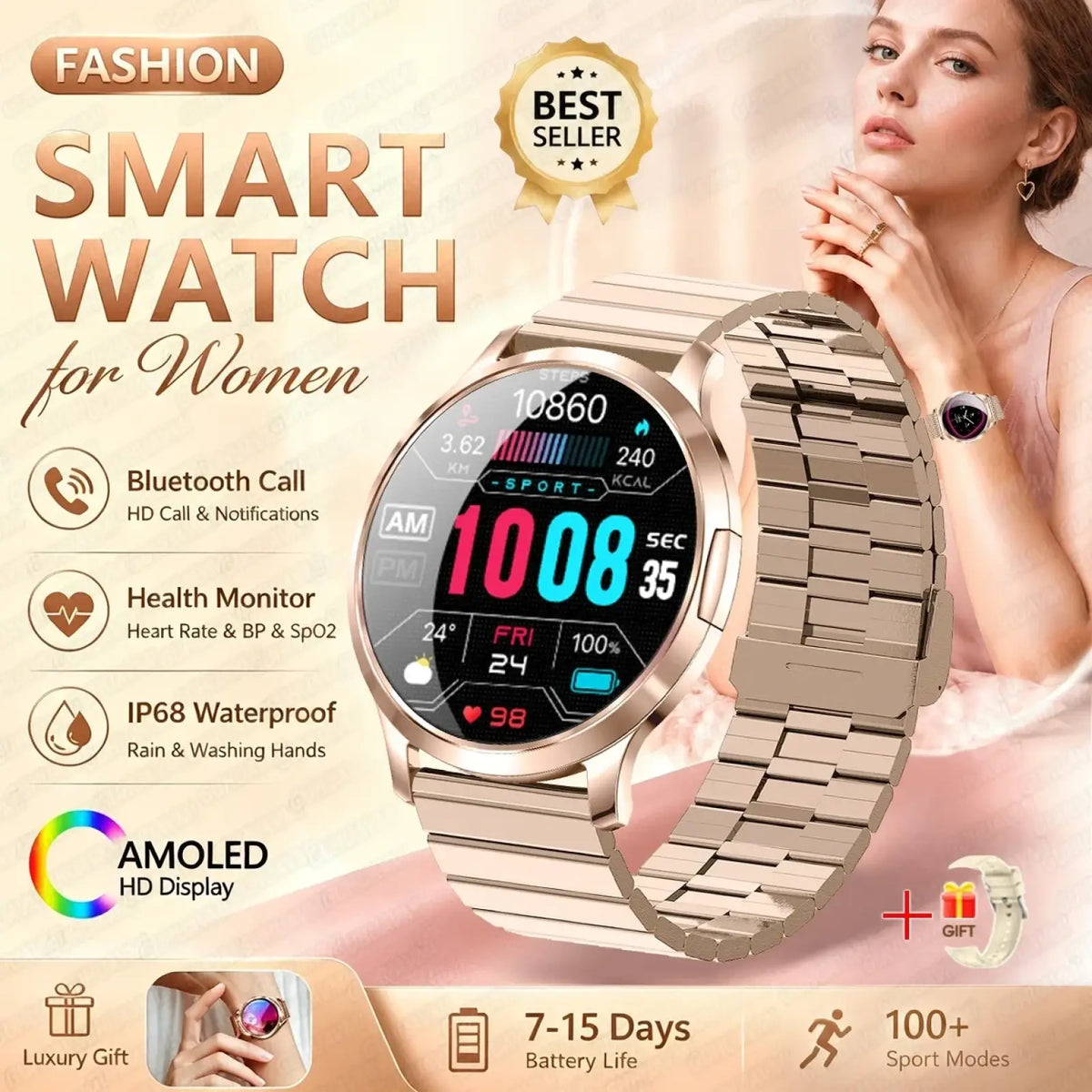 Rose gold stainless steel smartwatch with circular amoled hd display showing fitness metrics and time with bluetooth calling