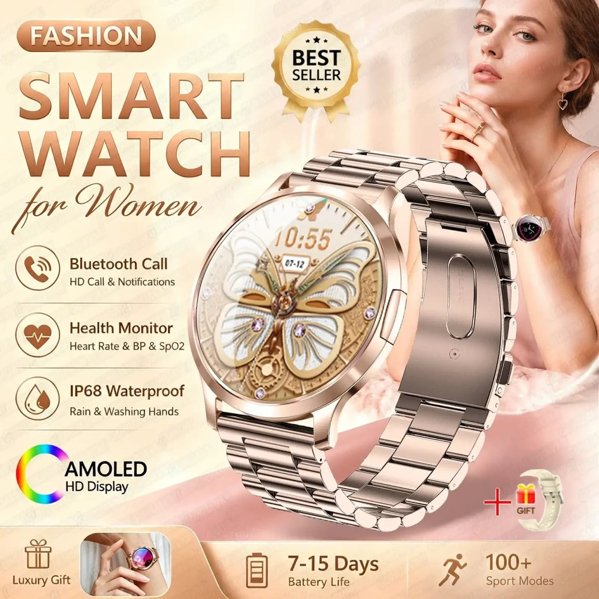 A rose gold amoled smartwatch with butterfly-themed display and stainless steel link bracelet with bluetooth calling
