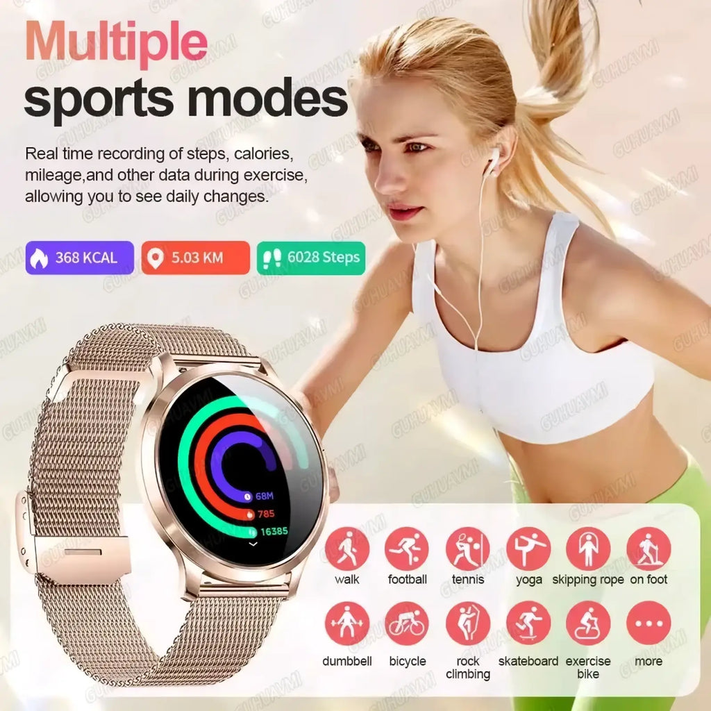 Rose gold amoled smartwatch with a mesh band and circular digital display showing colorful fitness metrics and Bluetooth calling