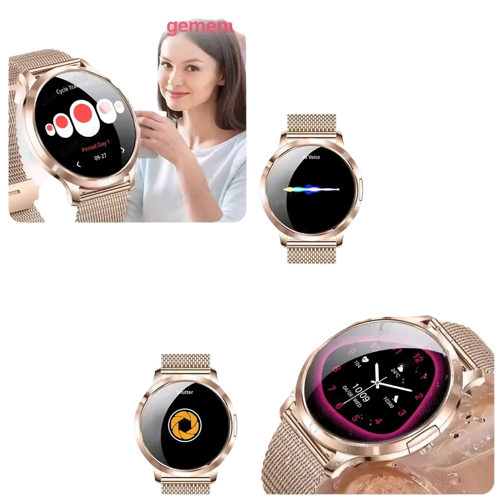 Rose gold amoled smartwatch with gold-tone mesh strap and circular digital display showing health and media features