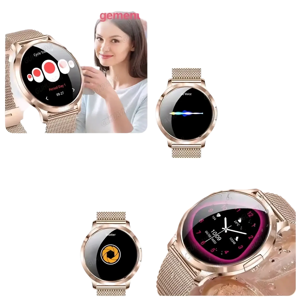 Rose gold amoled smartwatch with gold-tone mesh strap and circular digital display showing health and media features