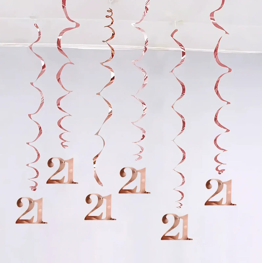 Rose gold metallic spiral streamers with number 21 cutouts for birthday swirl decorations assorted ages