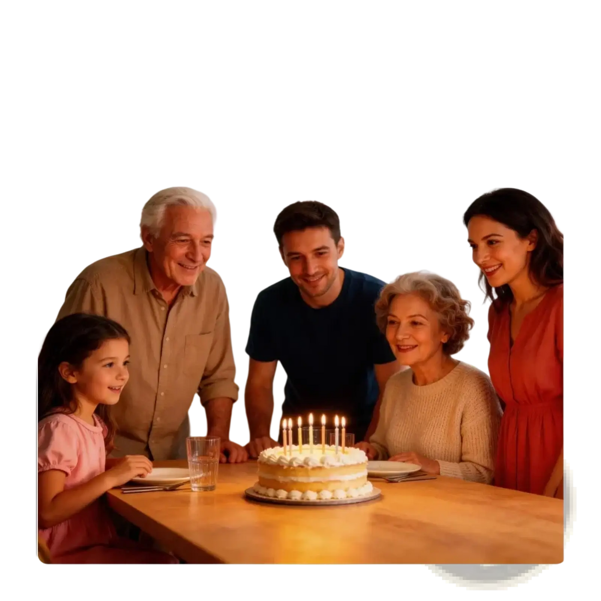 Layered two tier birthday cake with white frosting and rose gold swirl decorations surrounded by family celebrating