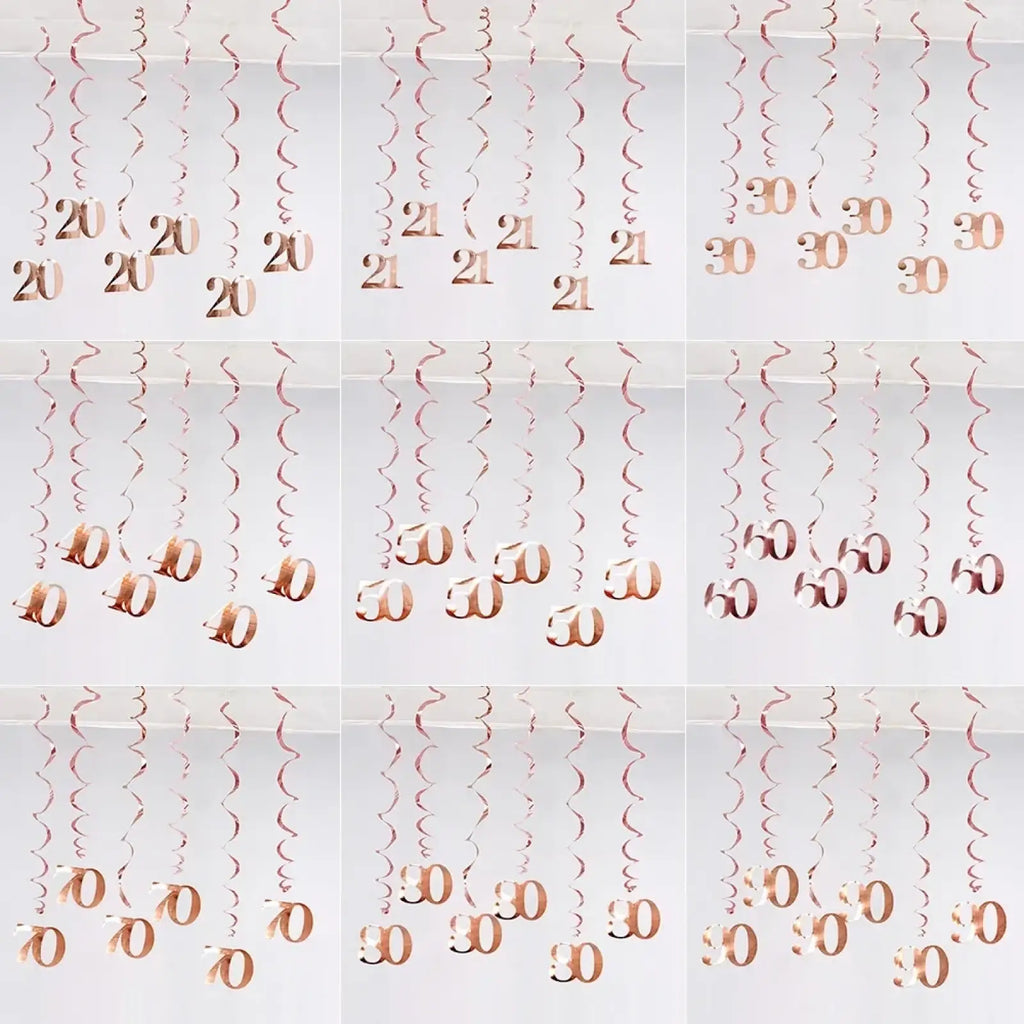 Rose gold metallic spiral birthday swirl decorations with bold numbers 20 30 and 50 printed for assorted ages