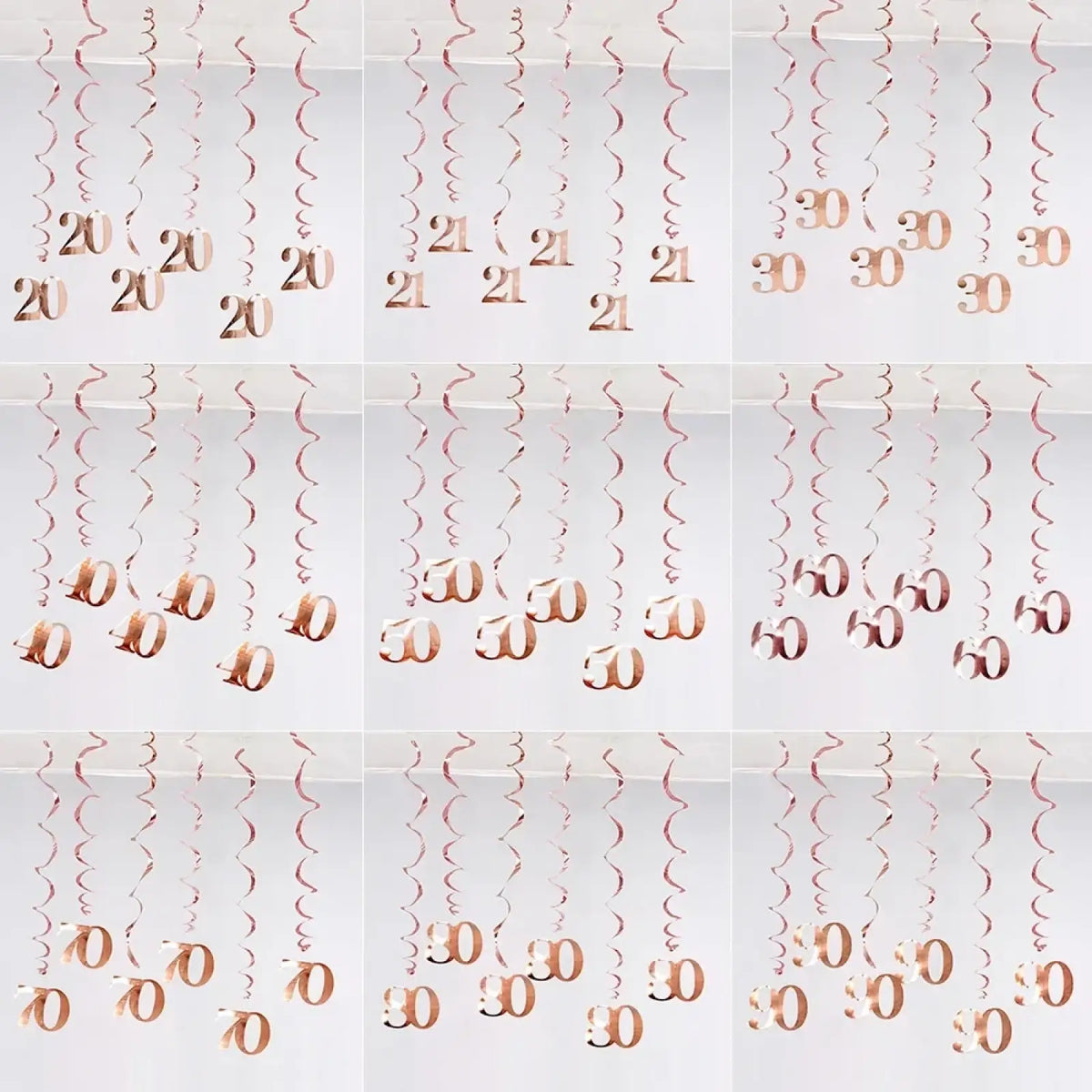 Rose gold metallic spiral birthday swirl decorations with bold numbers 20 30 and 50 printed for assorted ages