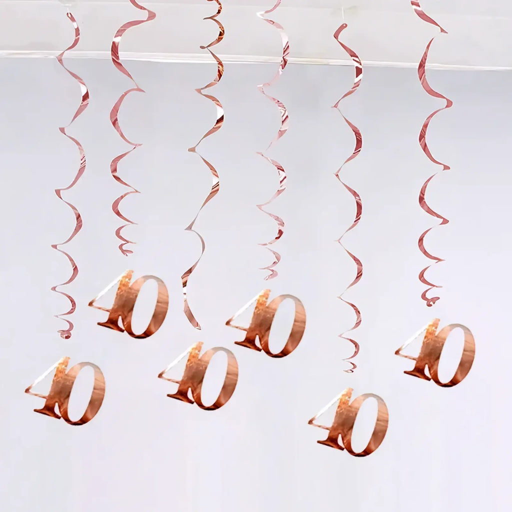 Rose gold metallic spiral streamers with hanging 40 numerals for birthday swirl decorations assorted ages