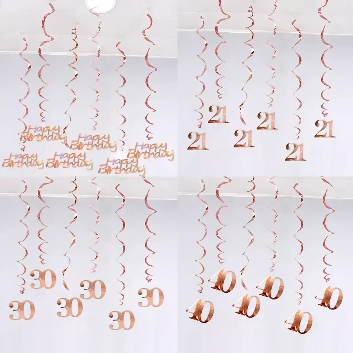 Rose gold metallic spiral birthday swirl decorations with happy birthday and age numbers 21 30 and 40 printed in matching rose gold