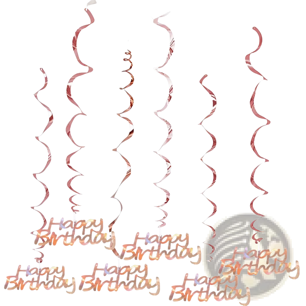 Rose gold metallic spiral birthday swirl decorations with happy birthday text for assorted ages party use