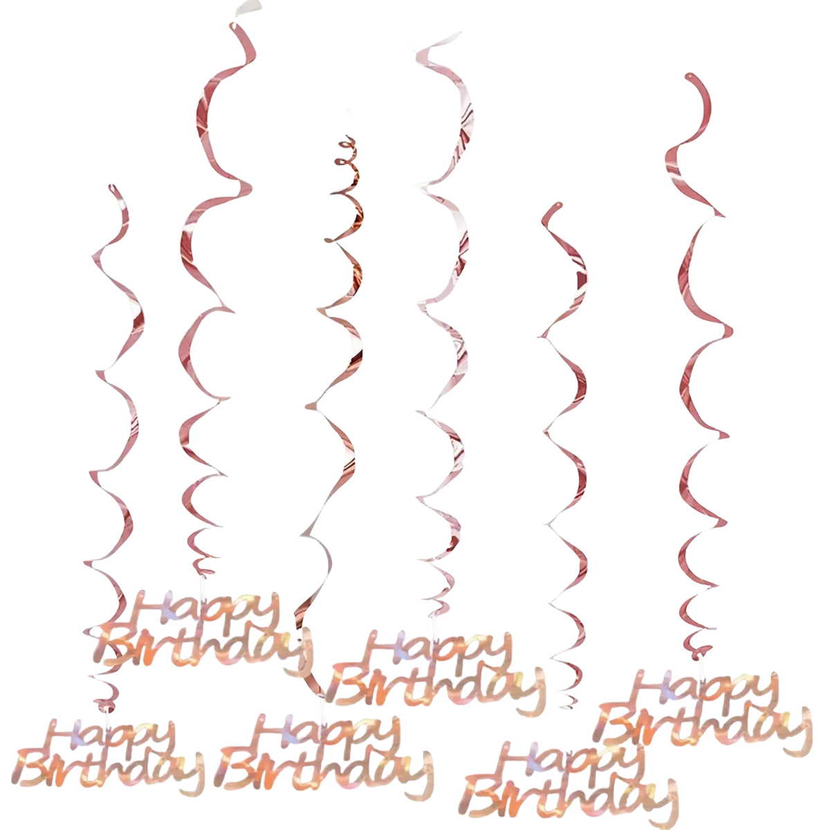 Rose gold birthday swirl decorations featuring spiral party twirls with happy birthday text for assorted ages