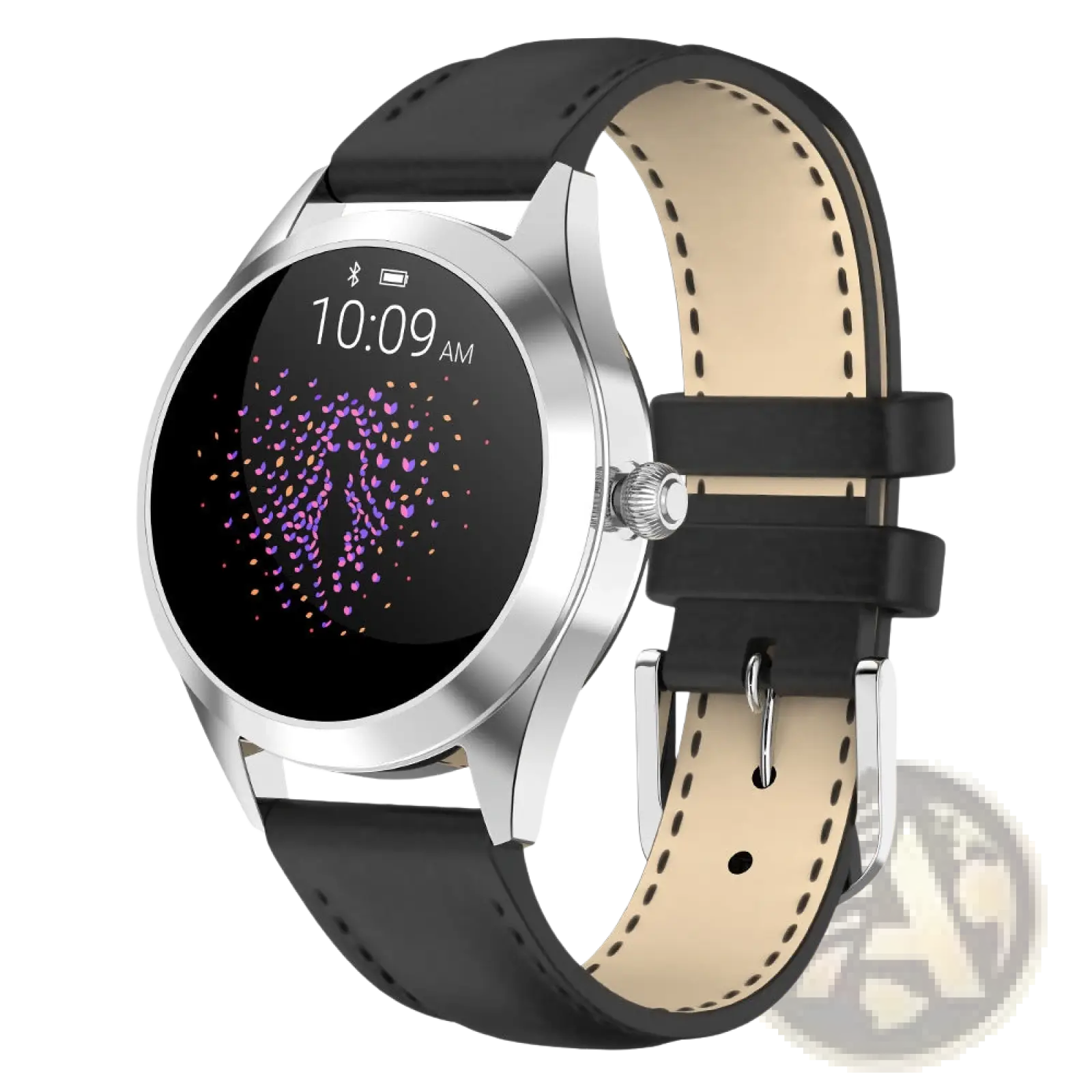 Silver-toned smartwatch with black leather strap and circular digital display showing time and decorative hearts