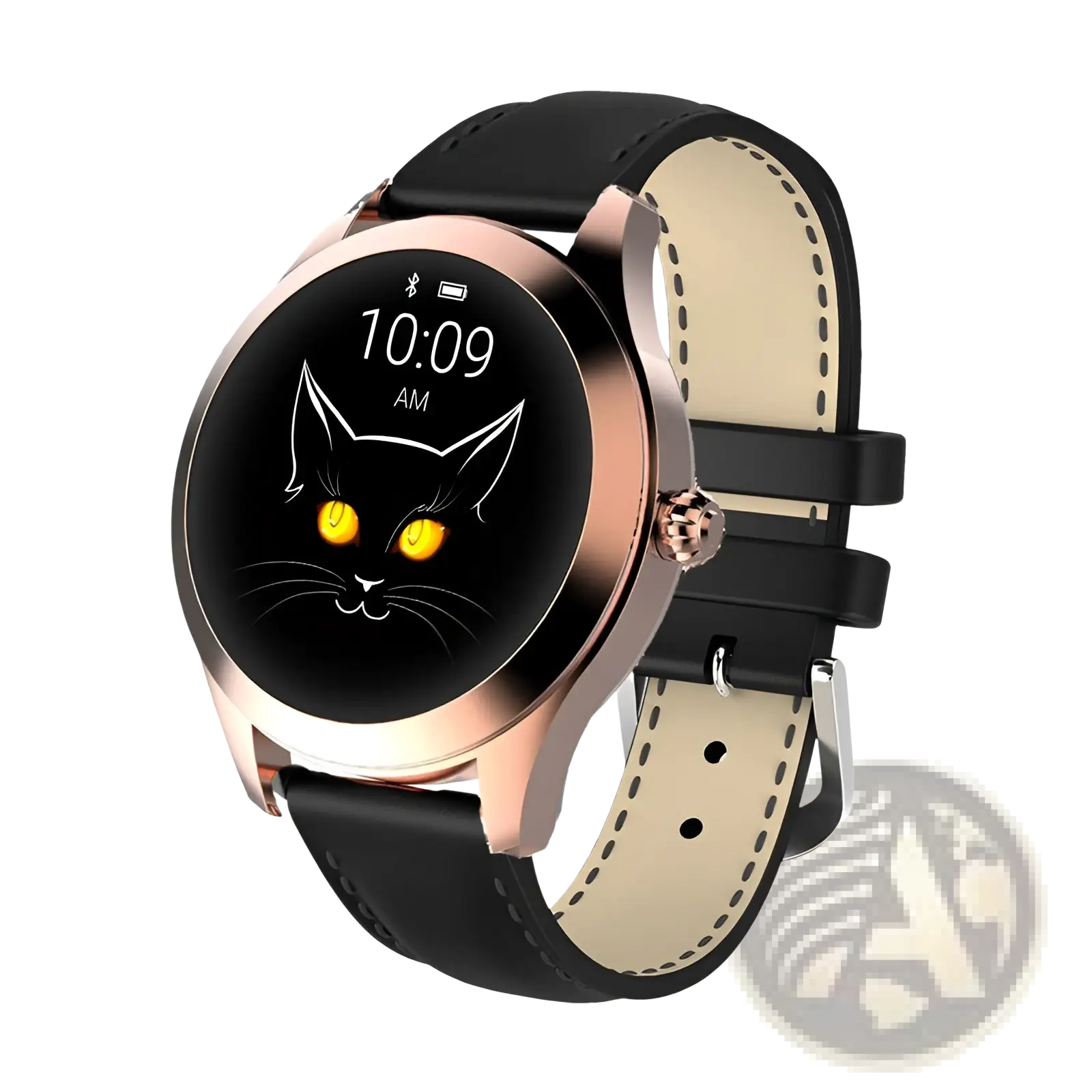 Rose gold butterfly smartwatch with stainless steel mesh band and black leather strap displaying a glowing cat face